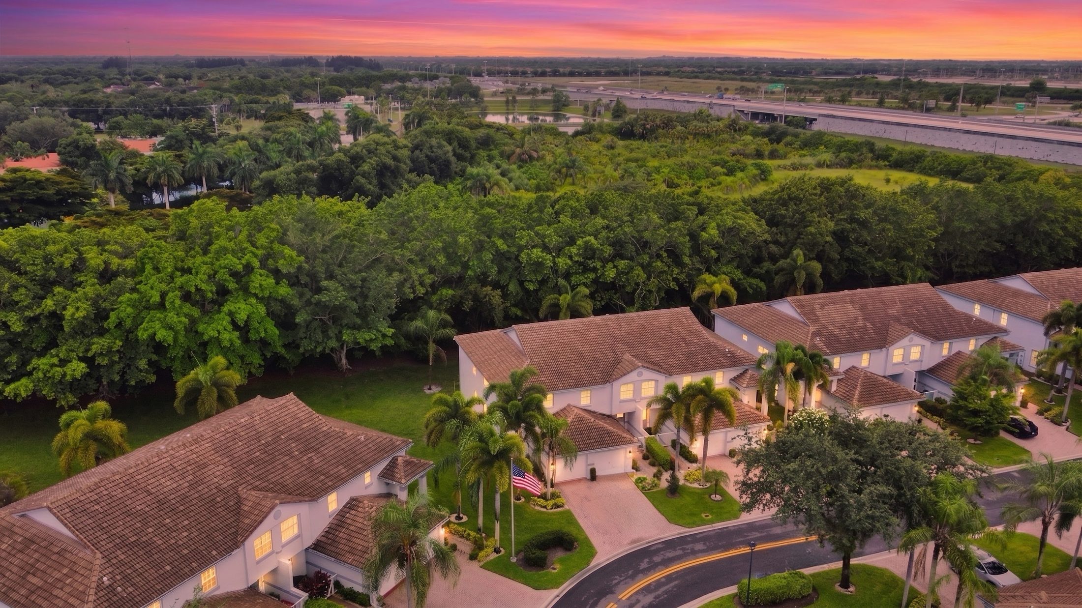 Grove Village community aerial view at sunset