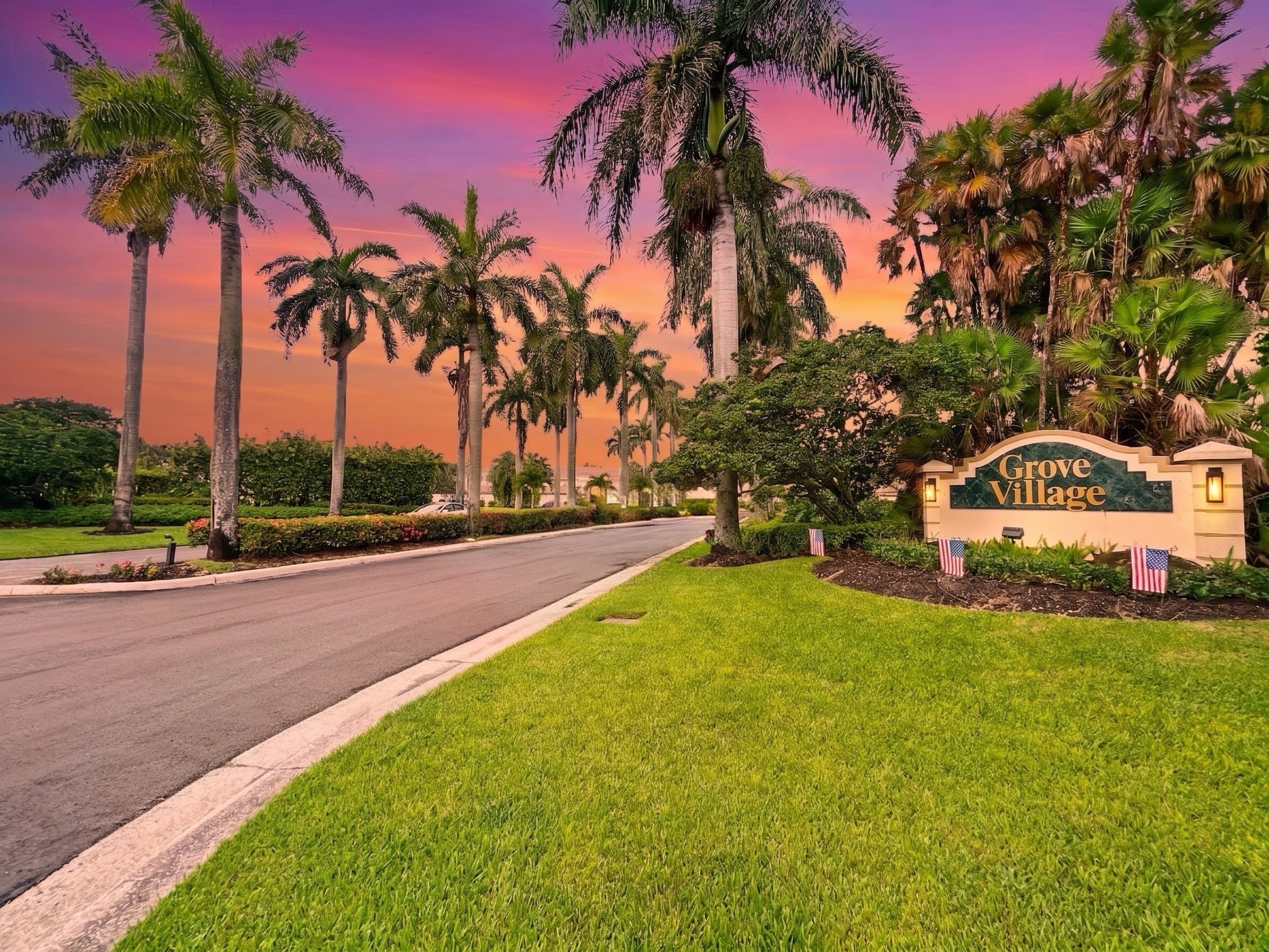 Grove Village community entrance at sunset, Boynton Beach FL